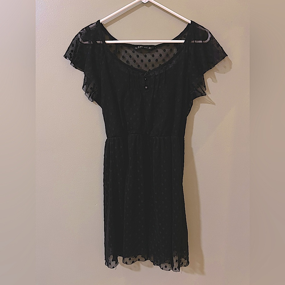 Zara women little black dress embroidered overlay ruffle cap sleeve size medium